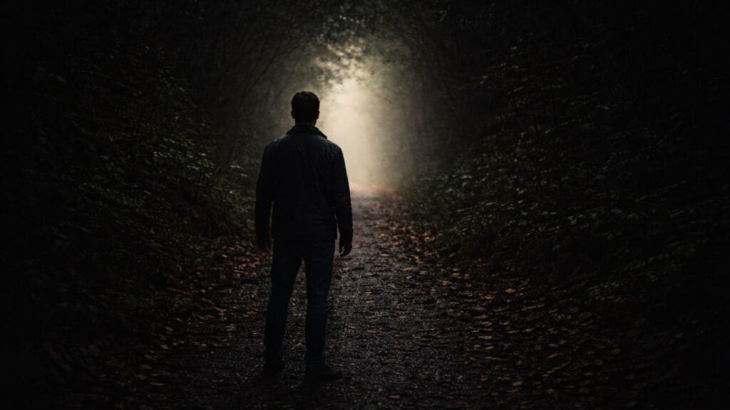 A lone man stands on a dark forest path facing a distant light, visual for quotes about fear