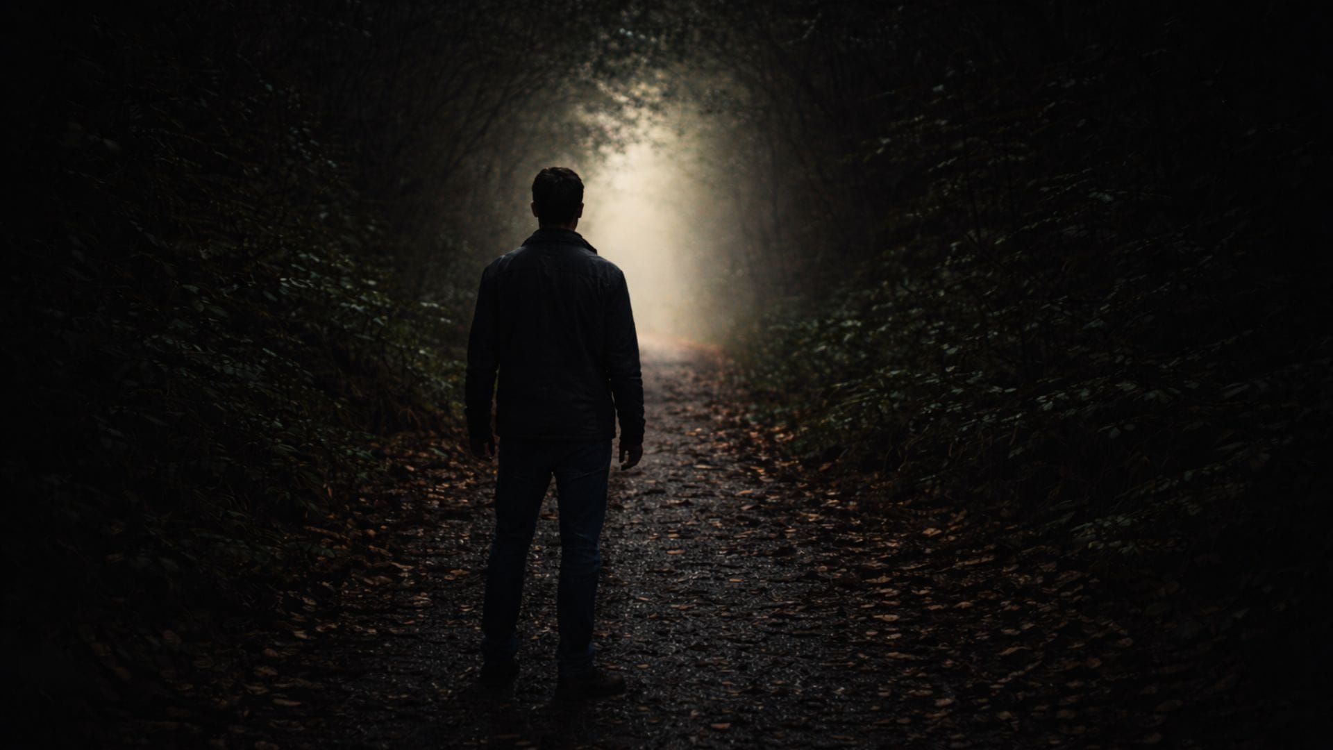 A lone man stands on a dark forest path facing a distant light, visual for quotes about fear
