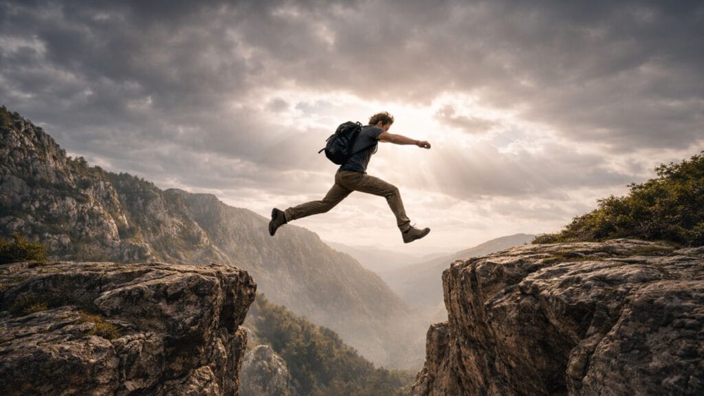A man between two rocky mountain cliffs, Inspiring visual for quotes about courage