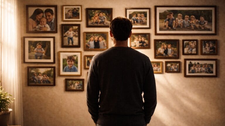 A man looks at childhood and family photos on a wall, capturing the emotion behind memories quotes.