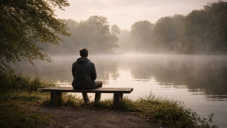 Man sitting quietly by a lake, symbolizing patience quotes.