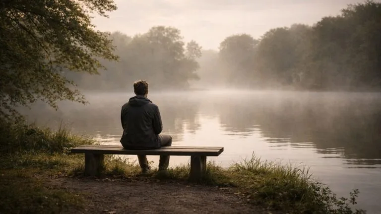 Man sitting quietly by a lake, symbolizing patience quotes.