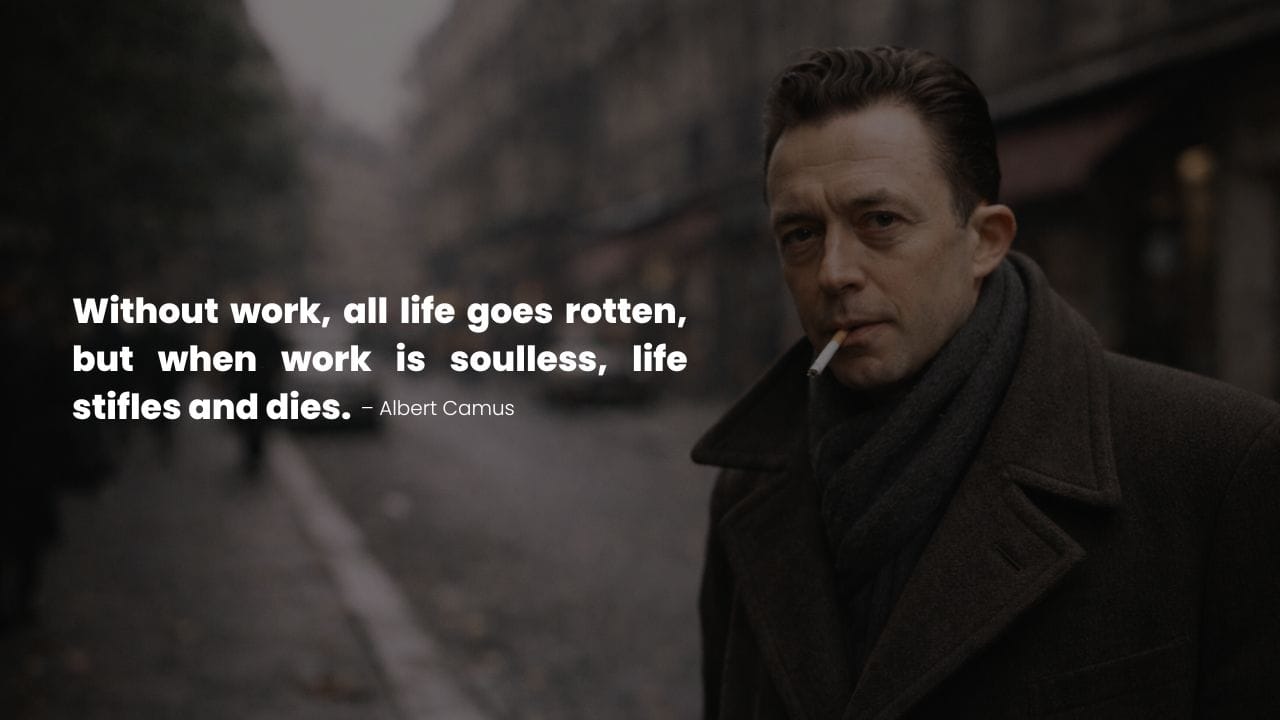 Albert Camus portrait with quote on work burnout