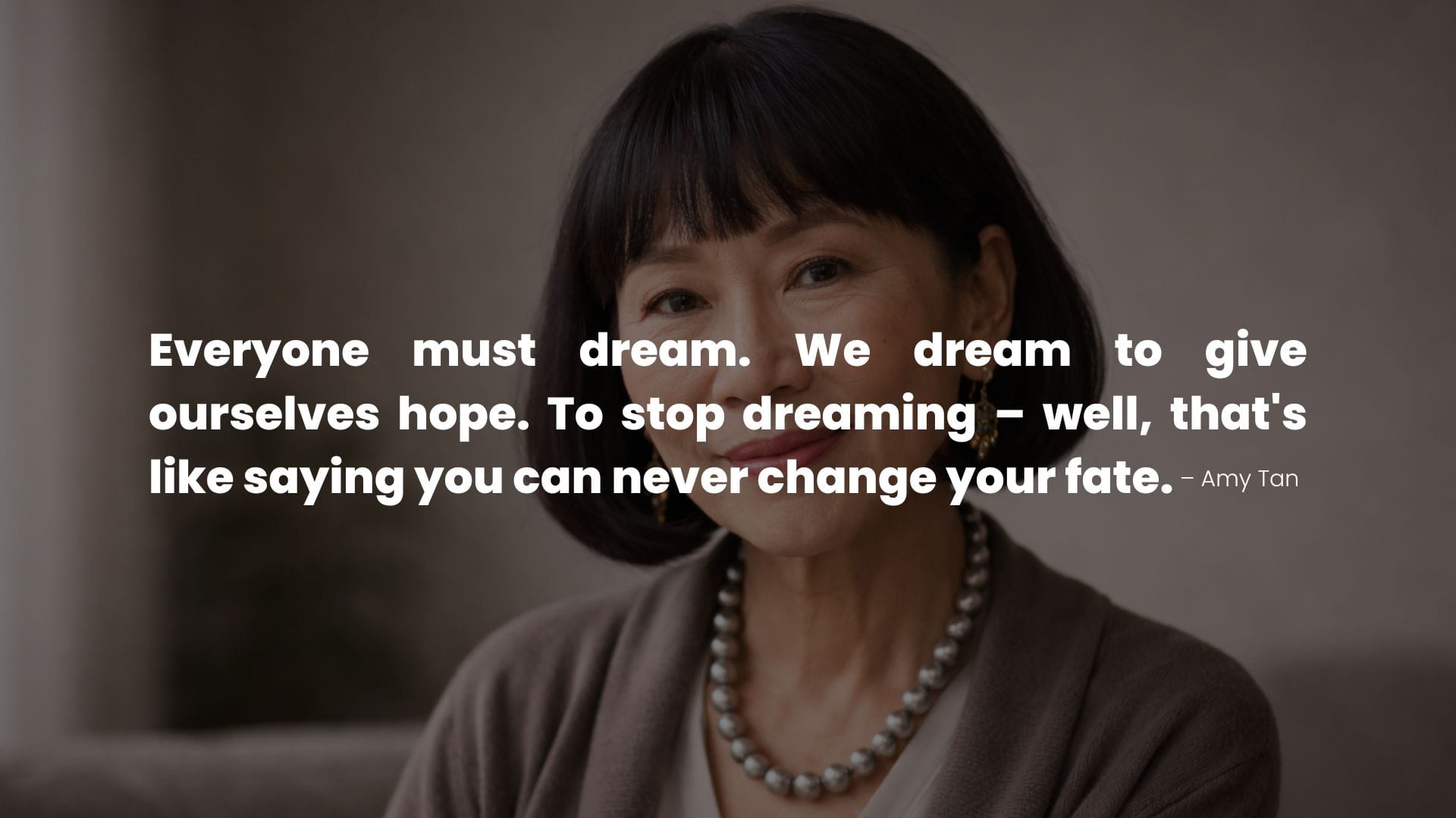 Portrait of Amy Tan with a quote