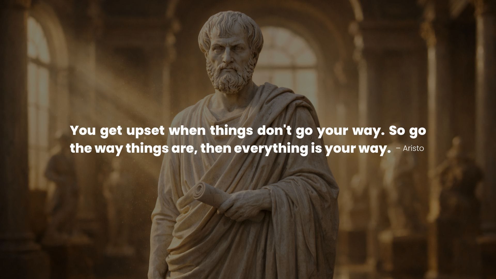 Statue of Aristo in warm light with a quote on Control