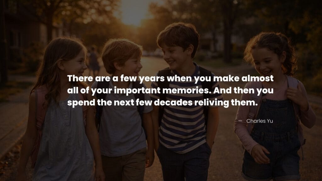 Four children walk home laughing at sunset, capturing joyful childhood moments for memories quotes.