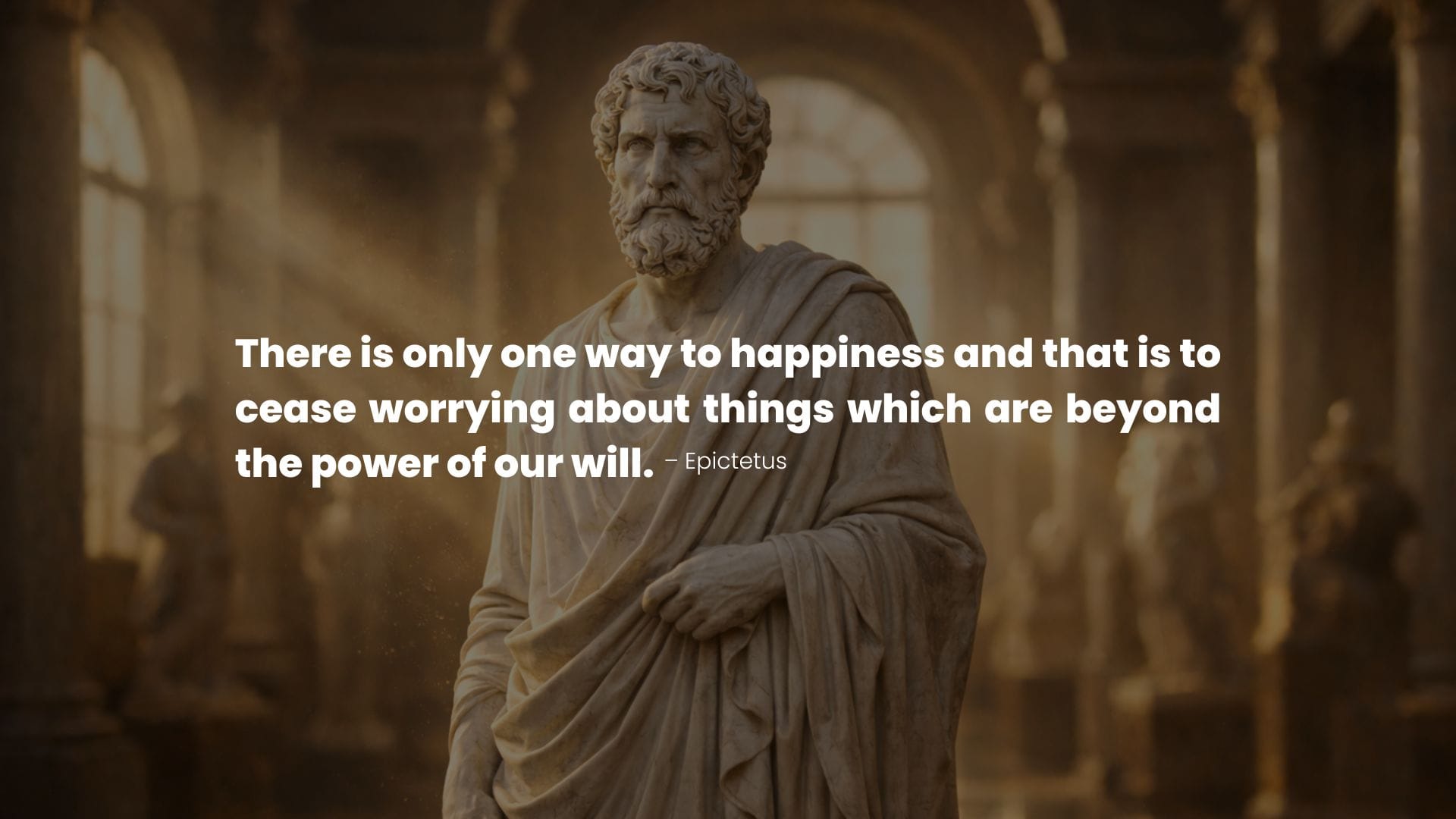 Statue of Epictetus in warm light with a Stoic quote on Positivity
