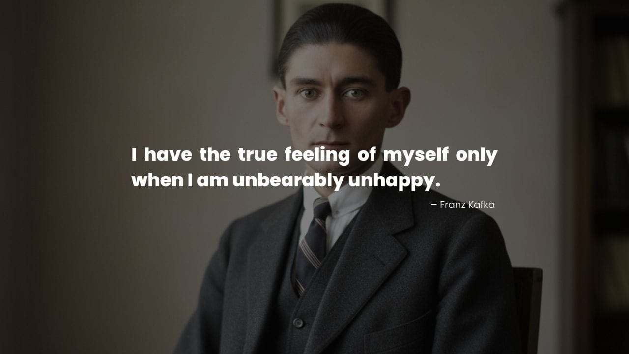 Franz Kafka sitting portrait with quote on image about burnout