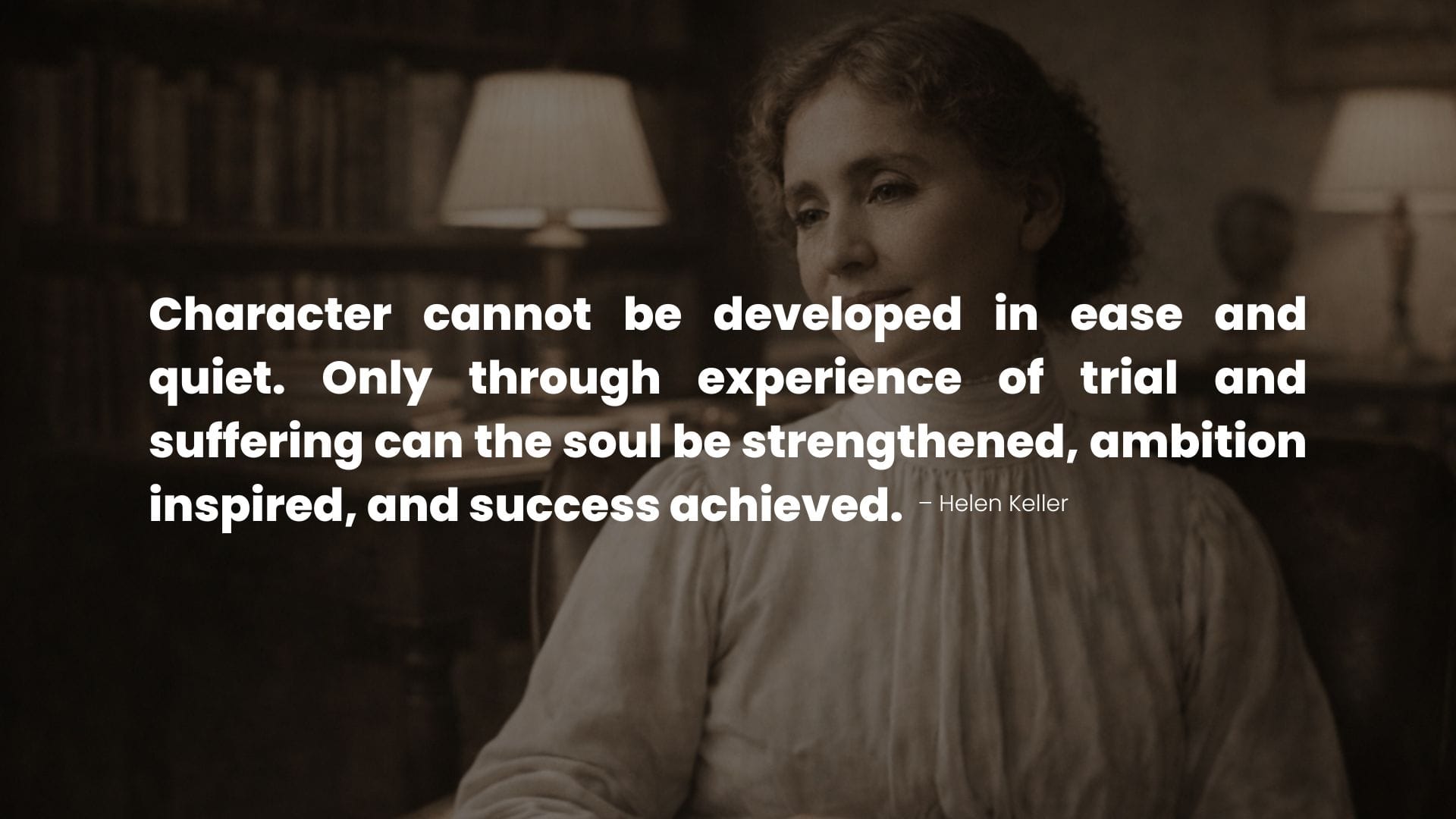 Helen Keller’s portrait with a quote about resilience and success.
