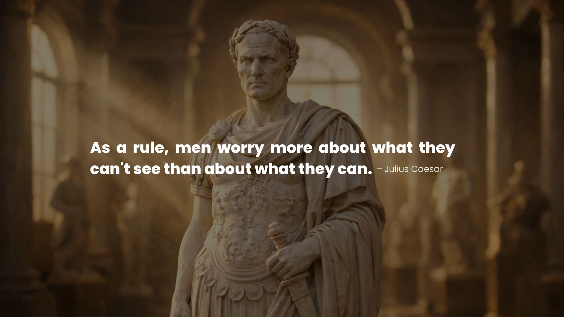 Statue of Julius Caesar in warm light with a Stoic quote on Anxiety