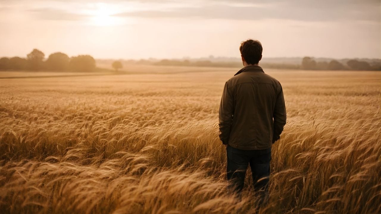 Man standing in a vast wheat field Alone, healing Quotes