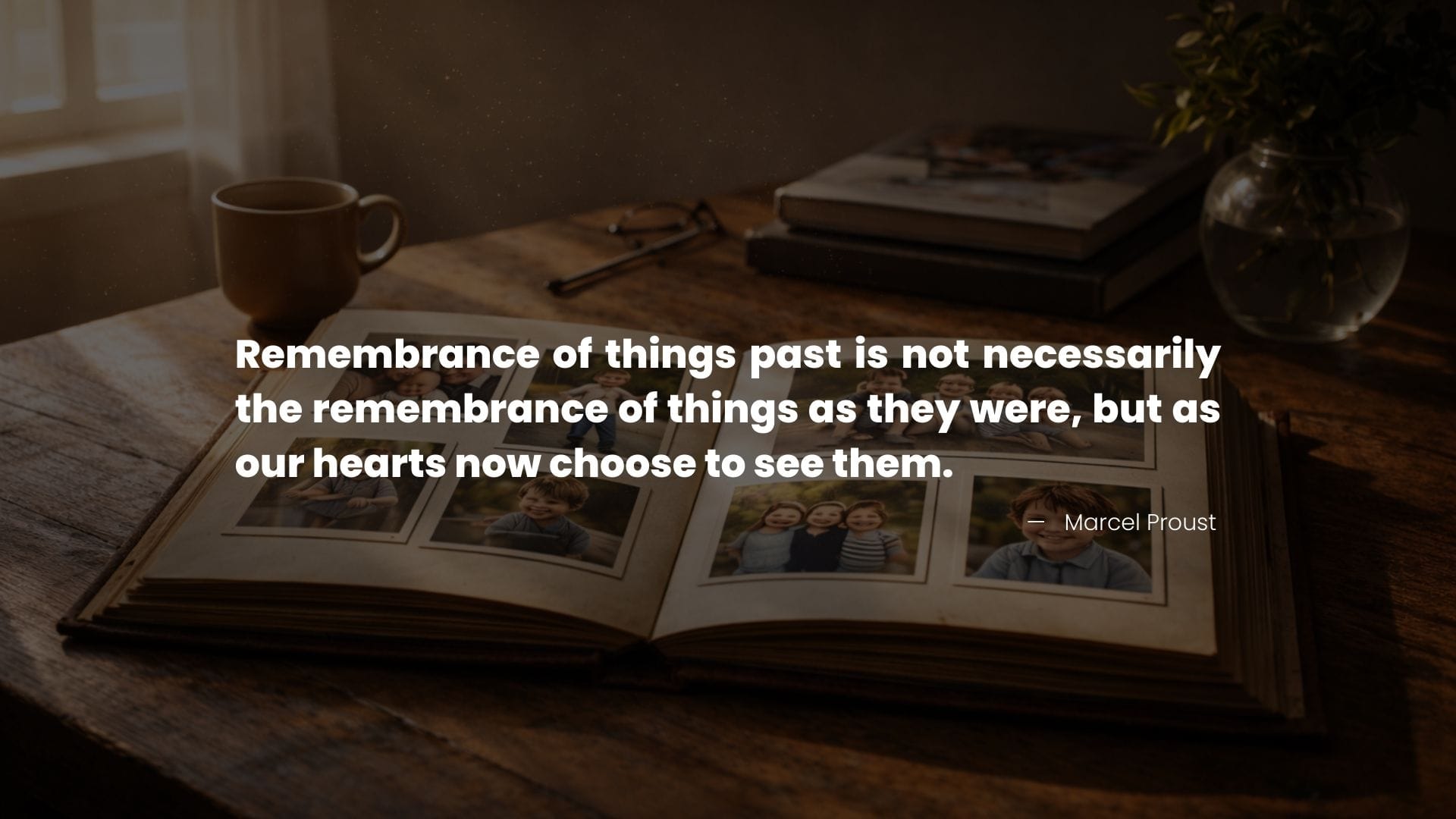 An open photo album on a wooden table beside a coffee cup with quote on memories