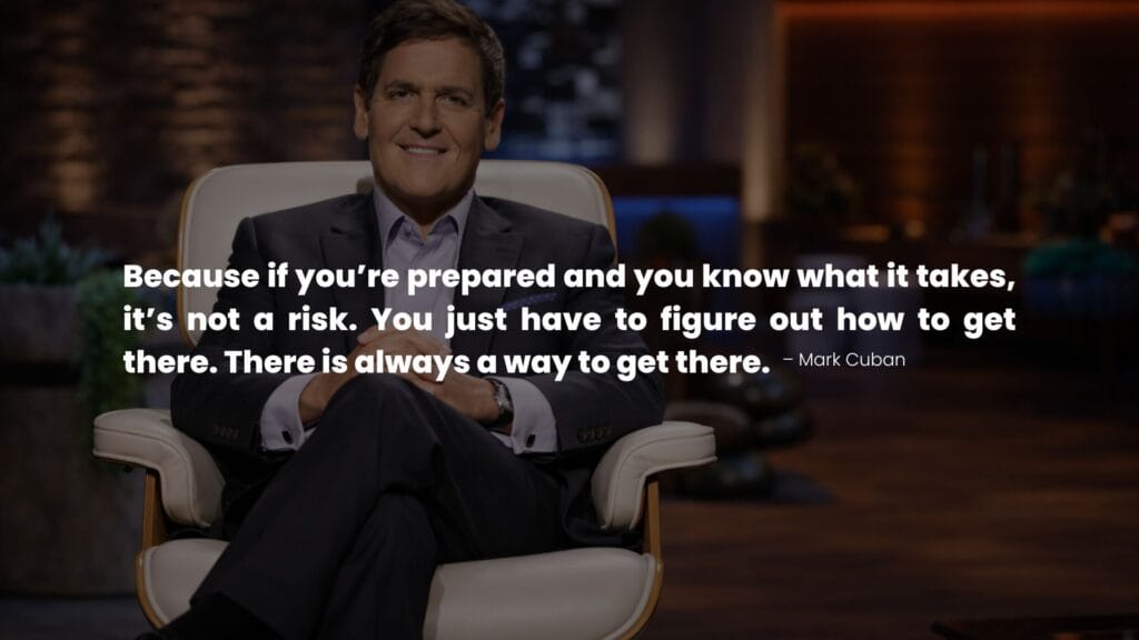 Mark Cuban portrait sitting confidently, sharing a quote on smart risk-taking