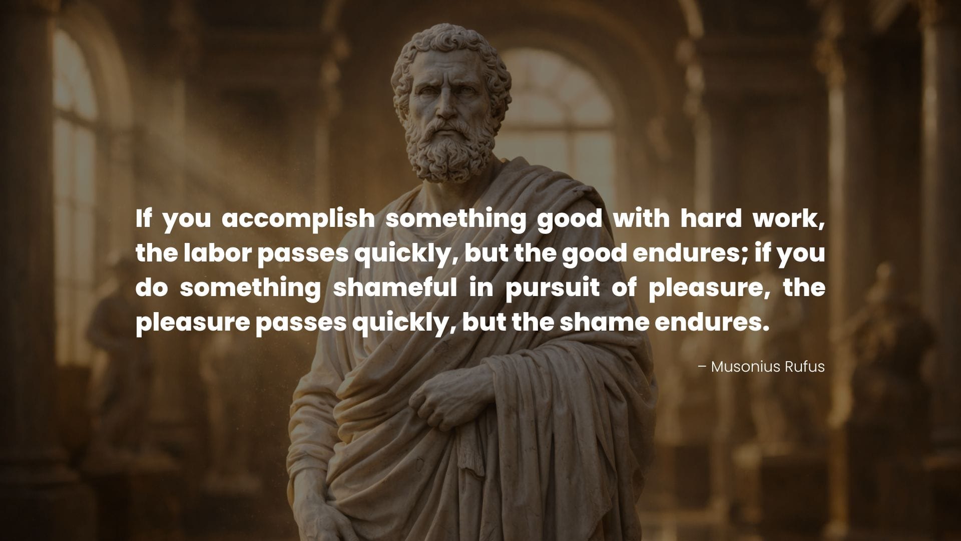 Statue of Musonius Rufus in warm light with a quote on Life