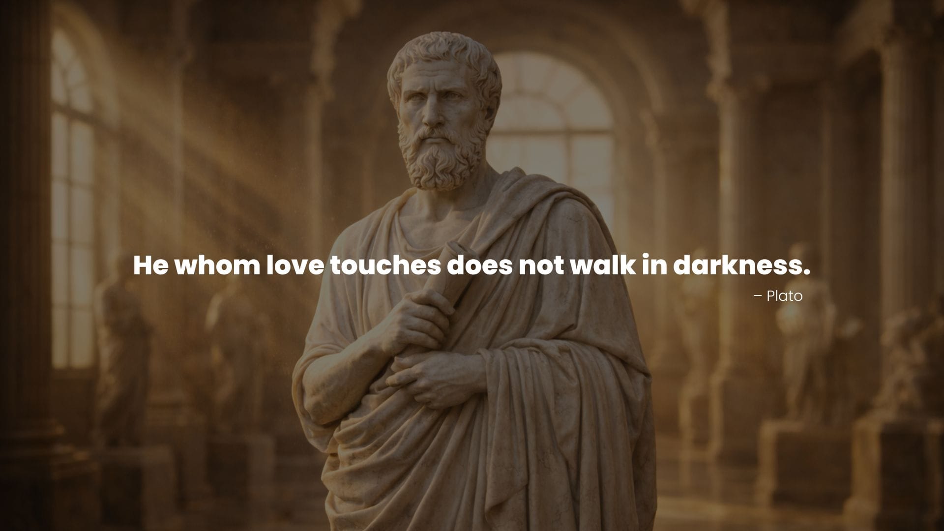 Statue of Plato in warm light with a quote on Love