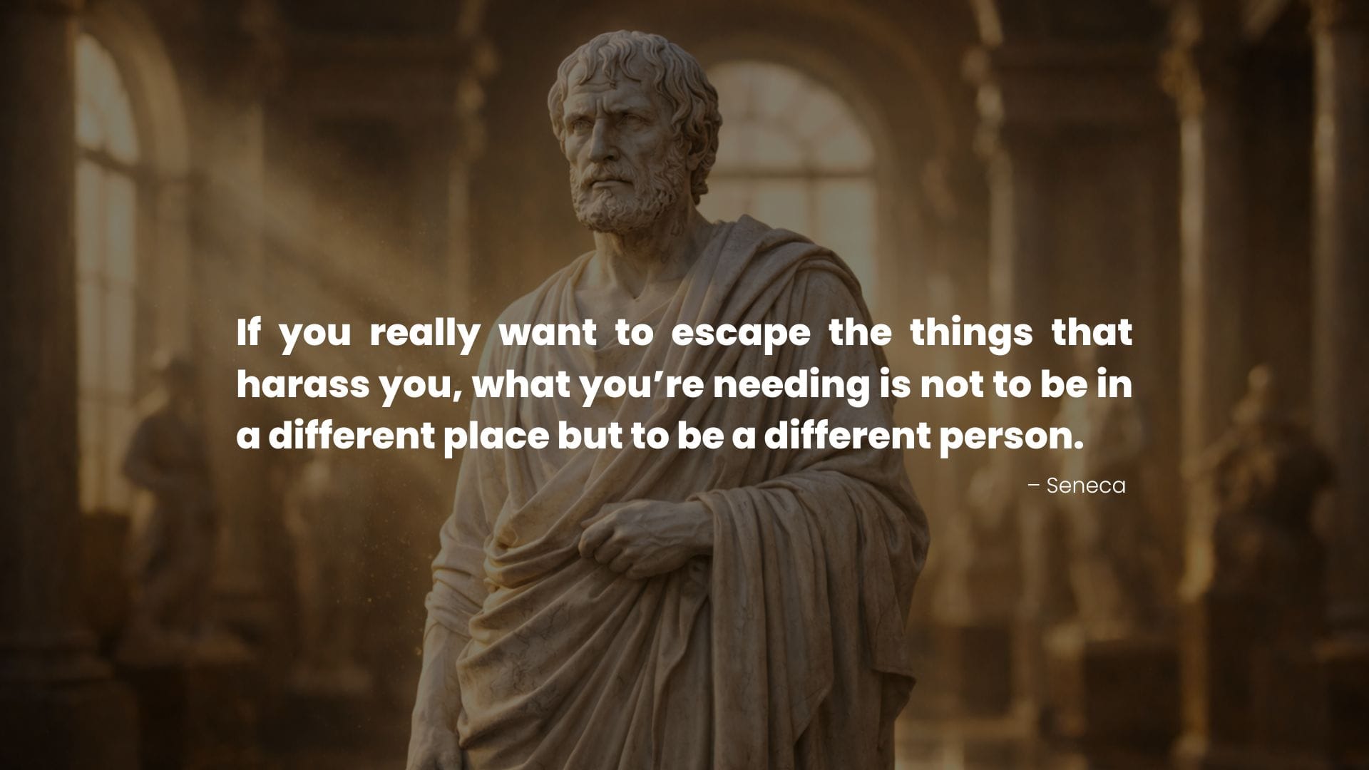 Statue of Seneca in warm light with a quote on Self improvement