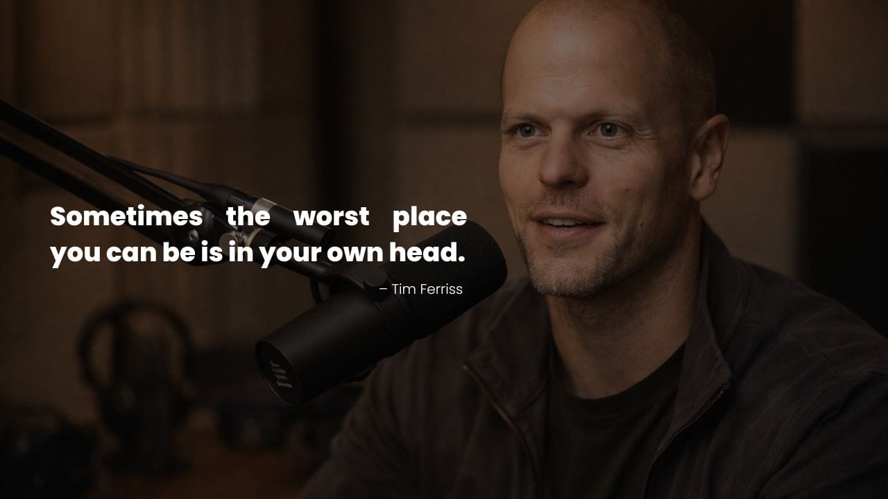 Tim Ferriss sitting at a podcast portrait with a quote on feel exhausted