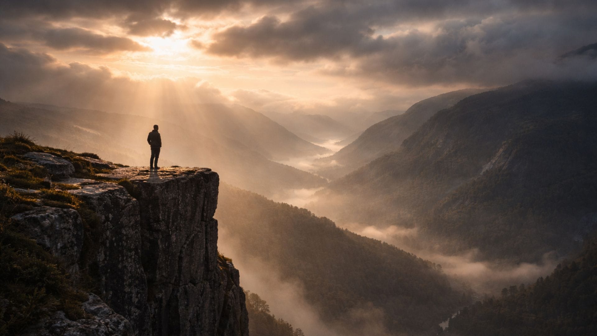 Person standing on a cliff at sunrise, symbolizing courage and risk.