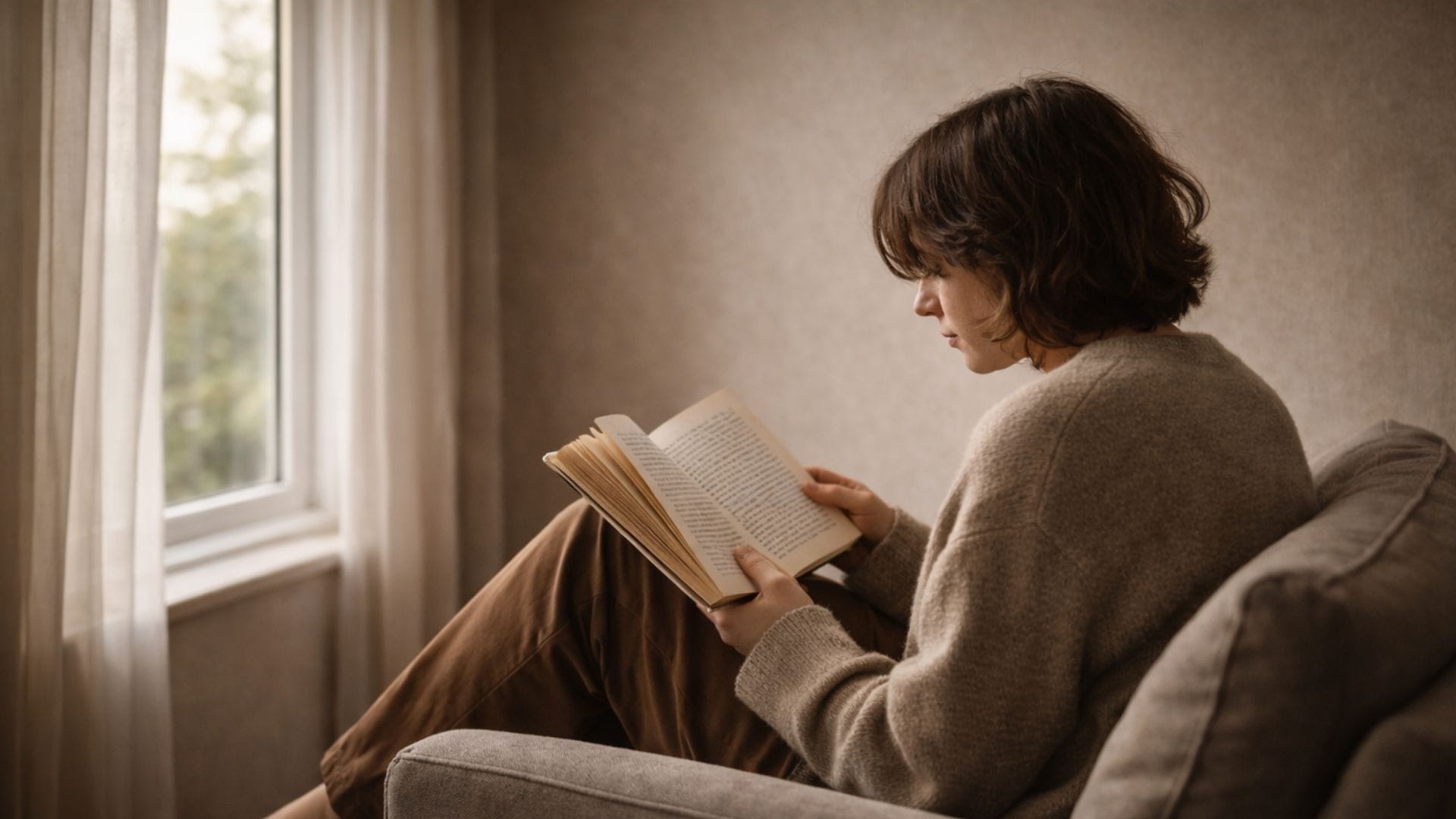 An introverted person reading quietly by a window, reflecting the mood of introvert quotes.