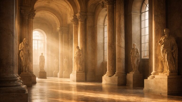 Marble statues in a sunlit Roman hall, symbolizing wisdom for stoic quotes.