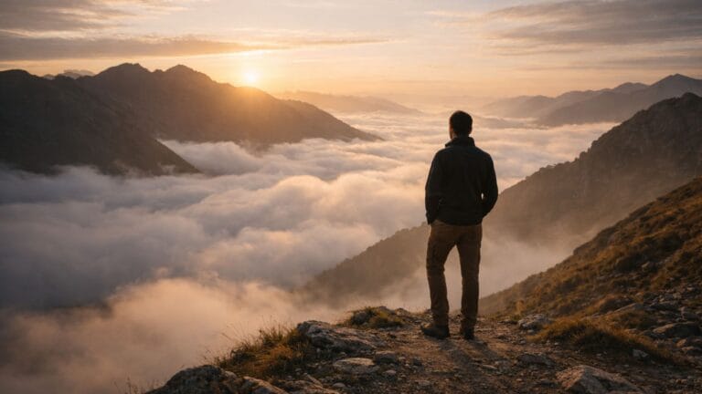 Man standing on a mountain at sunrise, symbolizing strength for quotes about resilience.
