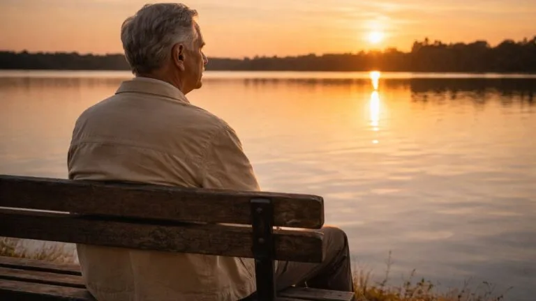 An elderly person sitting quietly on a bench by a calm lake at sunset, reflecting on a life well lived.
