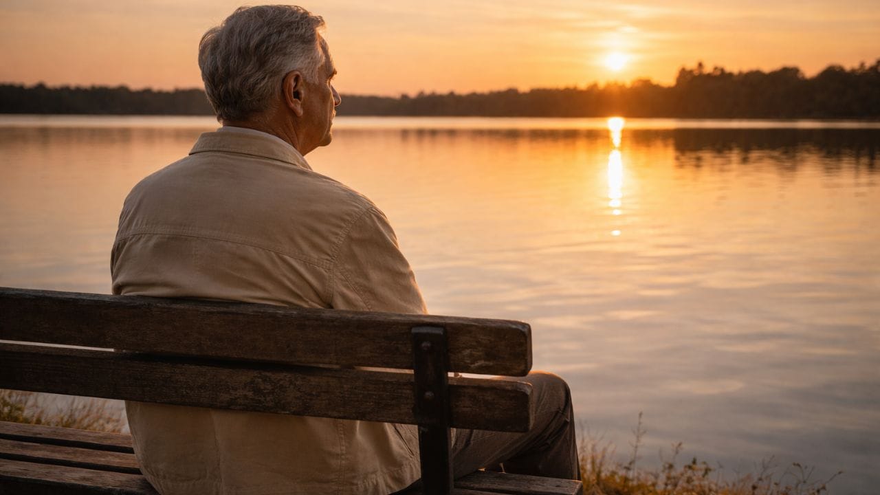An elderly person sitting quietly on a bench by a calm lake at sunset, reflecting on a life well lived.