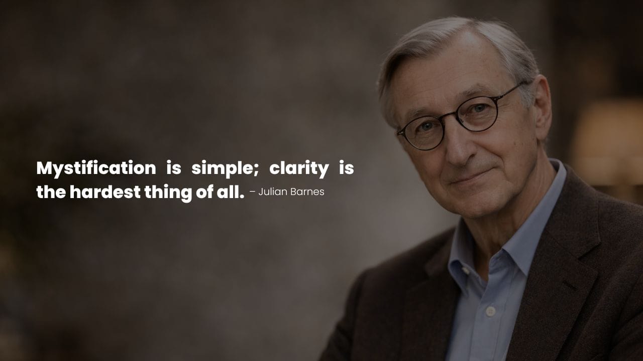 Julian Barnes portrait with quote on clarity