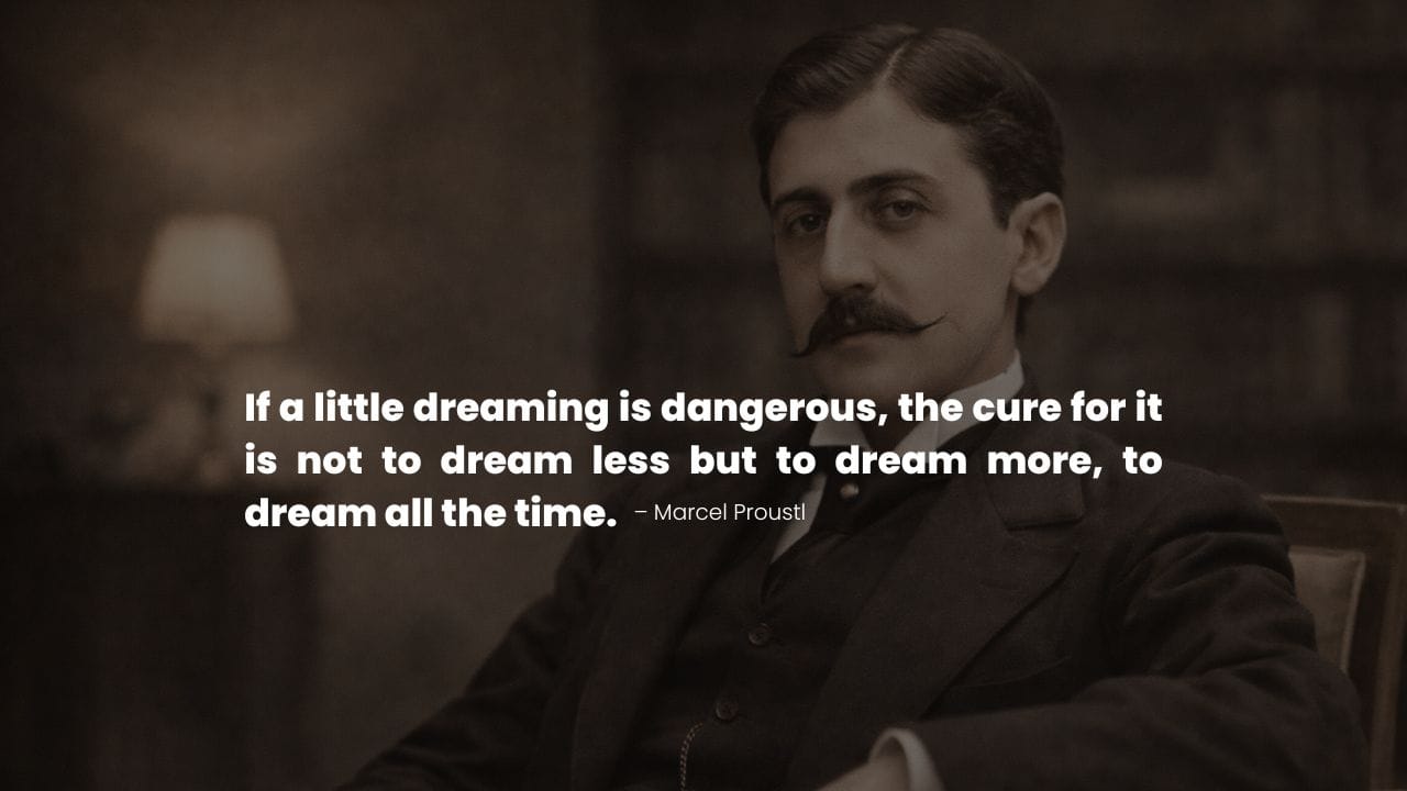 Marcel Proust portrait with a quote on goal and purpose