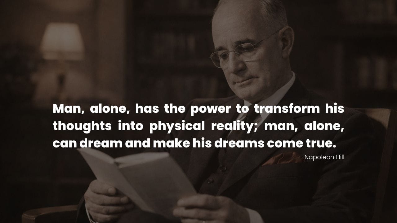 Napoleon Hill portrait reading book, with a quote about dreaming