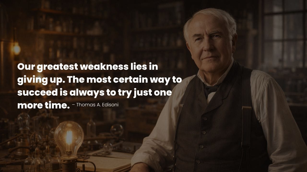 Thomas Edison portrait stands in his lab, with a quote on Grit