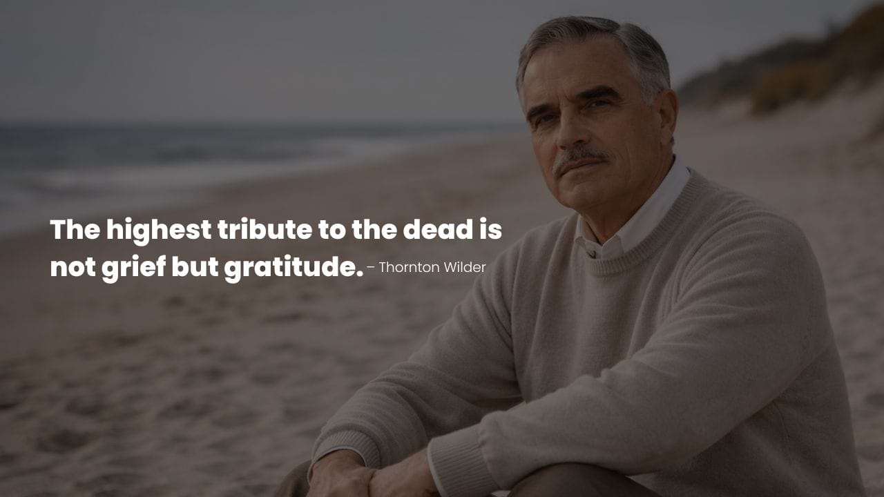 Thornton Wilder portrait sitting on beach with a quote about meaningful living.