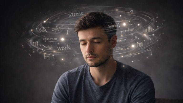 Man with eyes closed as swirling thoughts circle his head, symbolizing mental strength in Quotes About Grit.