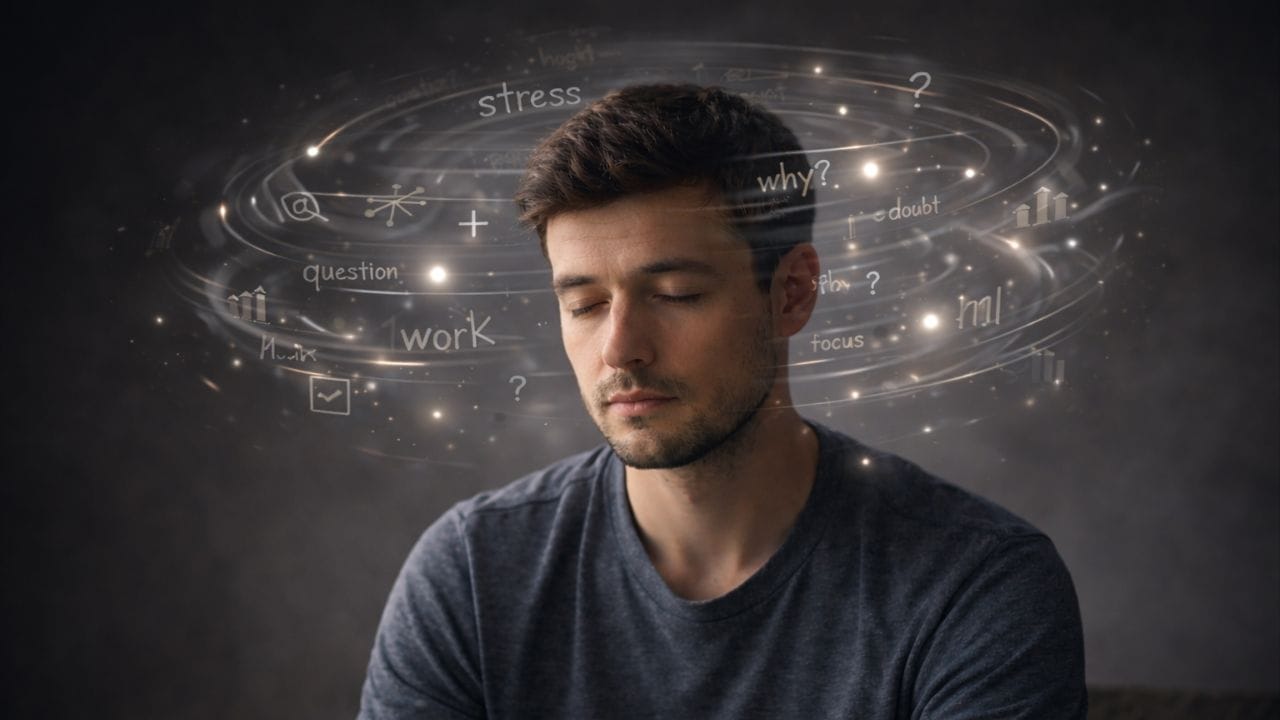Man with eyes closed as swirling thoughts circle his head, symbolizing mental strength in Quotes About Grit.
