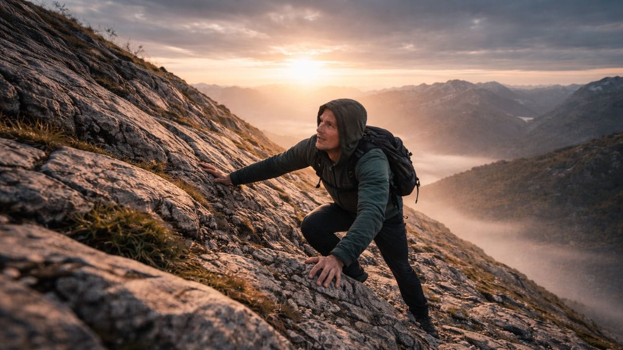 A man climbing mountain at sunrise, perfectly capturing the spirit behind Quotes About Grit