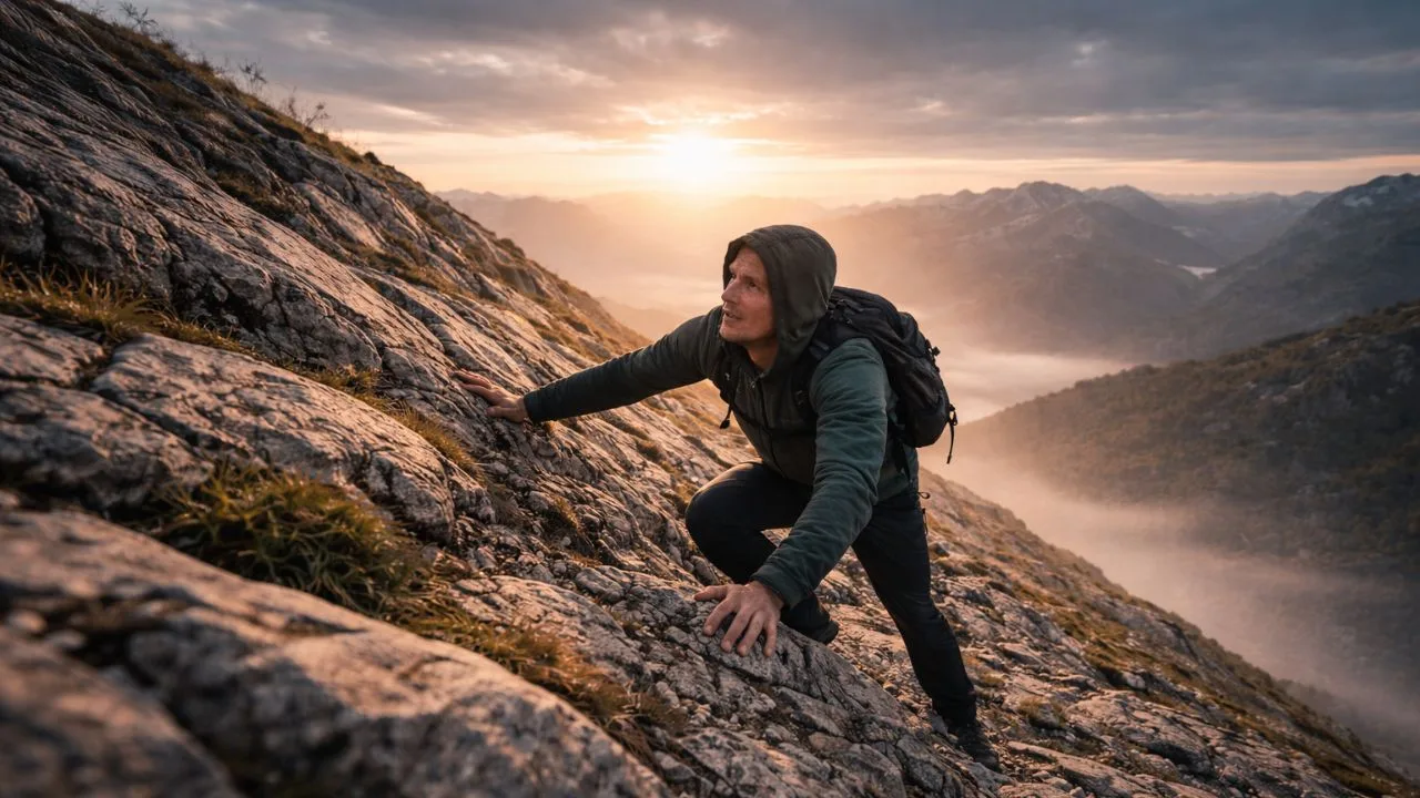 A man climbing mountain at sunrise, perfectly capturing the spirit behind Quotes About Grit