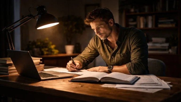 Man working late at a desk under a lamp, symbolizing discipline and focus — Quotes About Responsibility