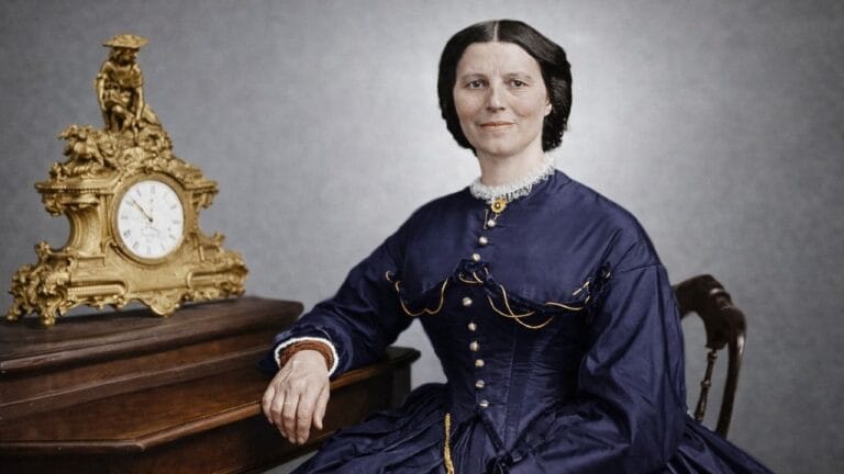 Portrait of Clara Barton in a Victorian dress beside a clock.