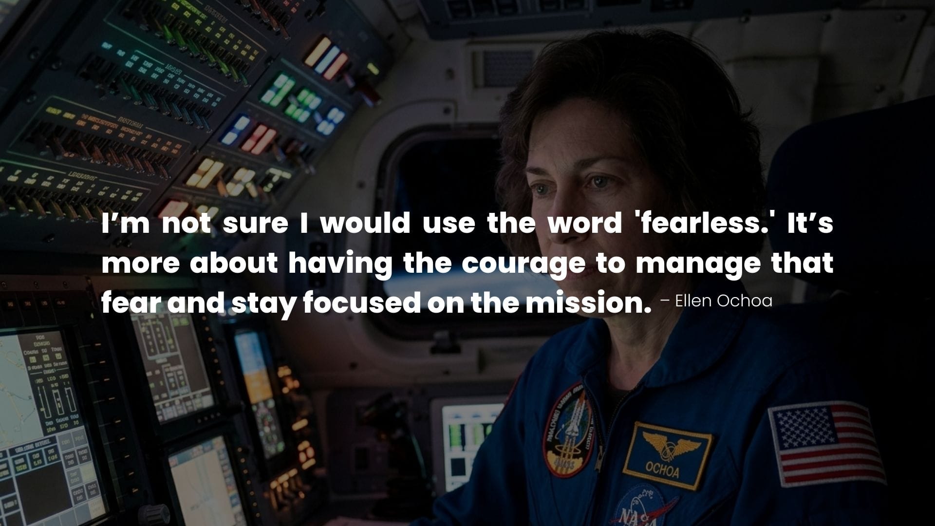 Ellen Ochoa in a space air craft sharing thoughts on Courage