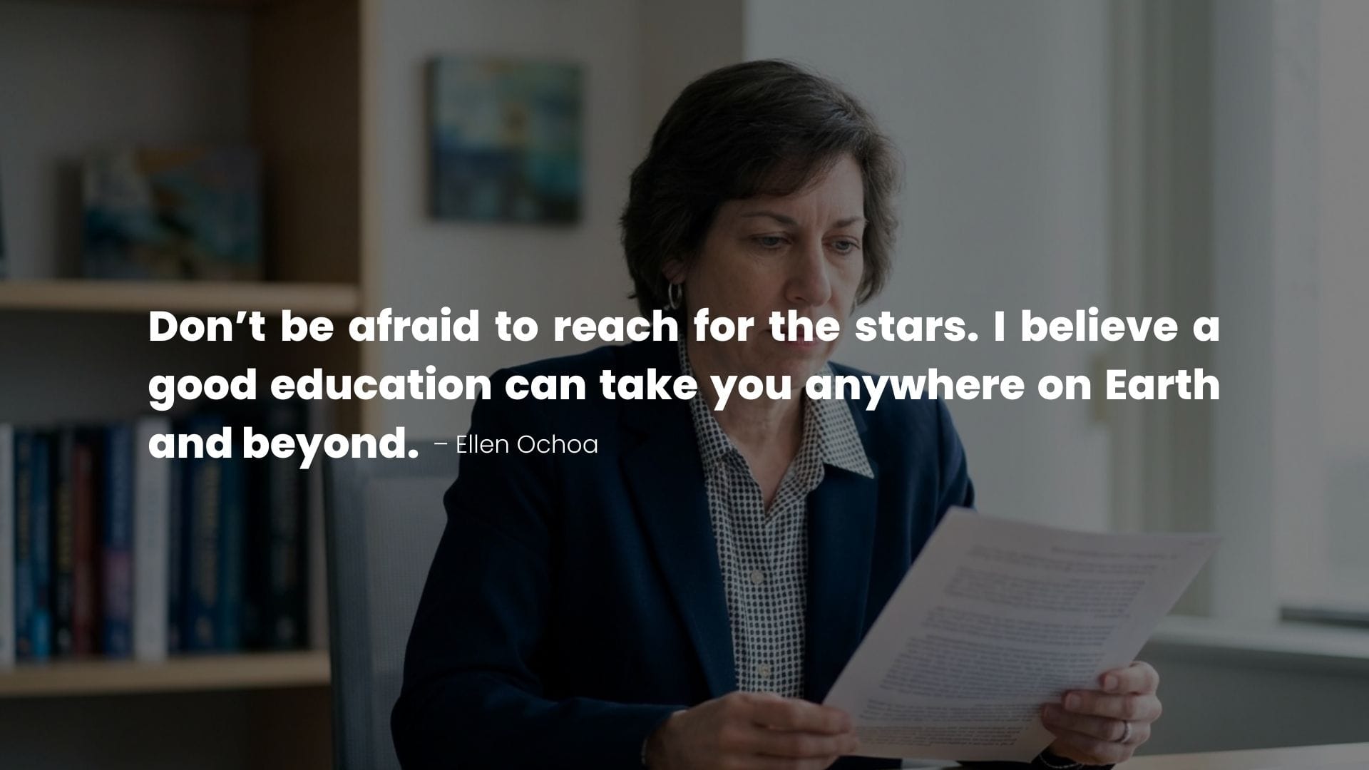 Ellen Ochoa portrait with quote on Dreams and Ambition