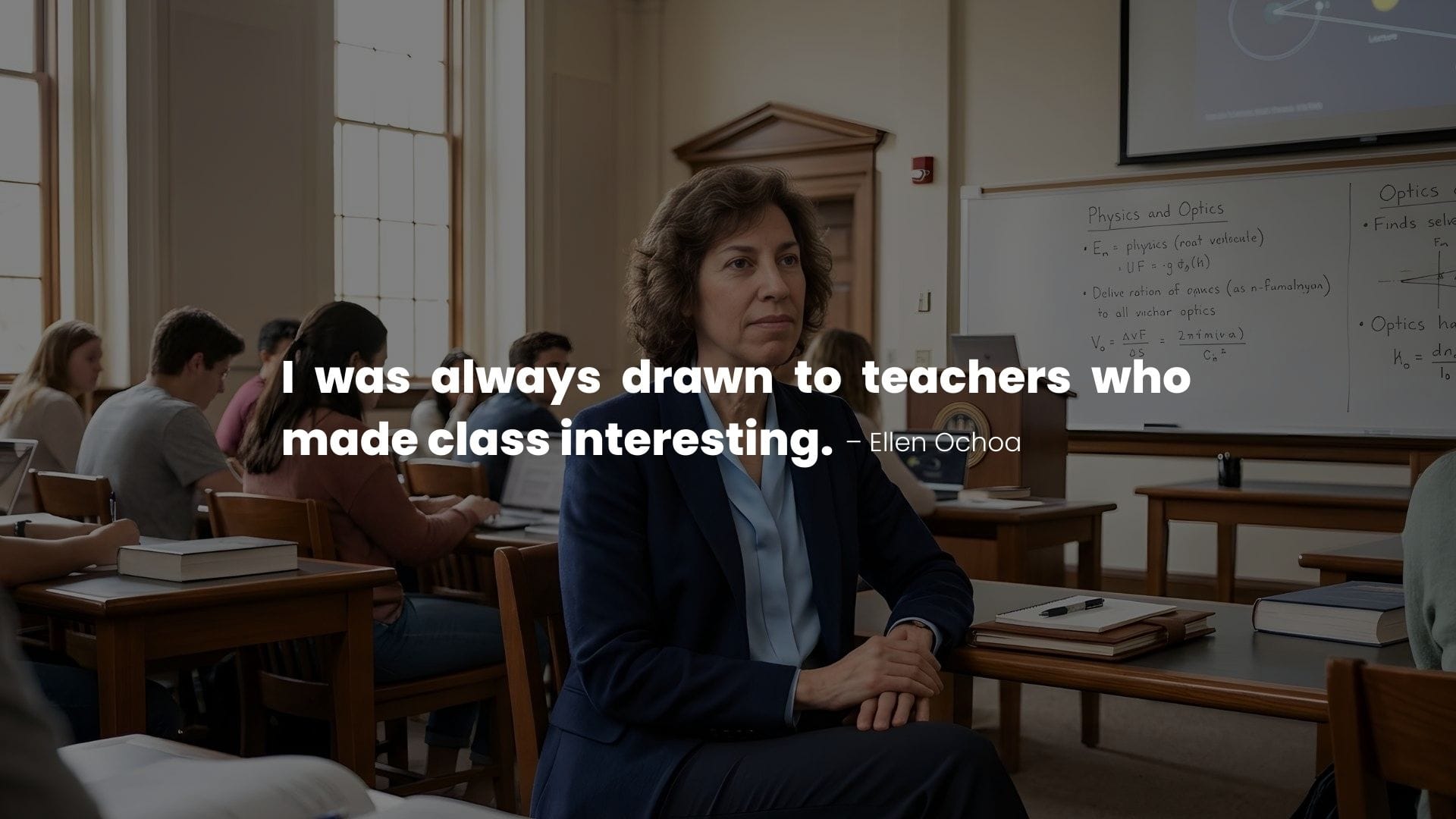 Ellen Ochoa Sitting in University Class Room sharing a thoughts on class room environment.