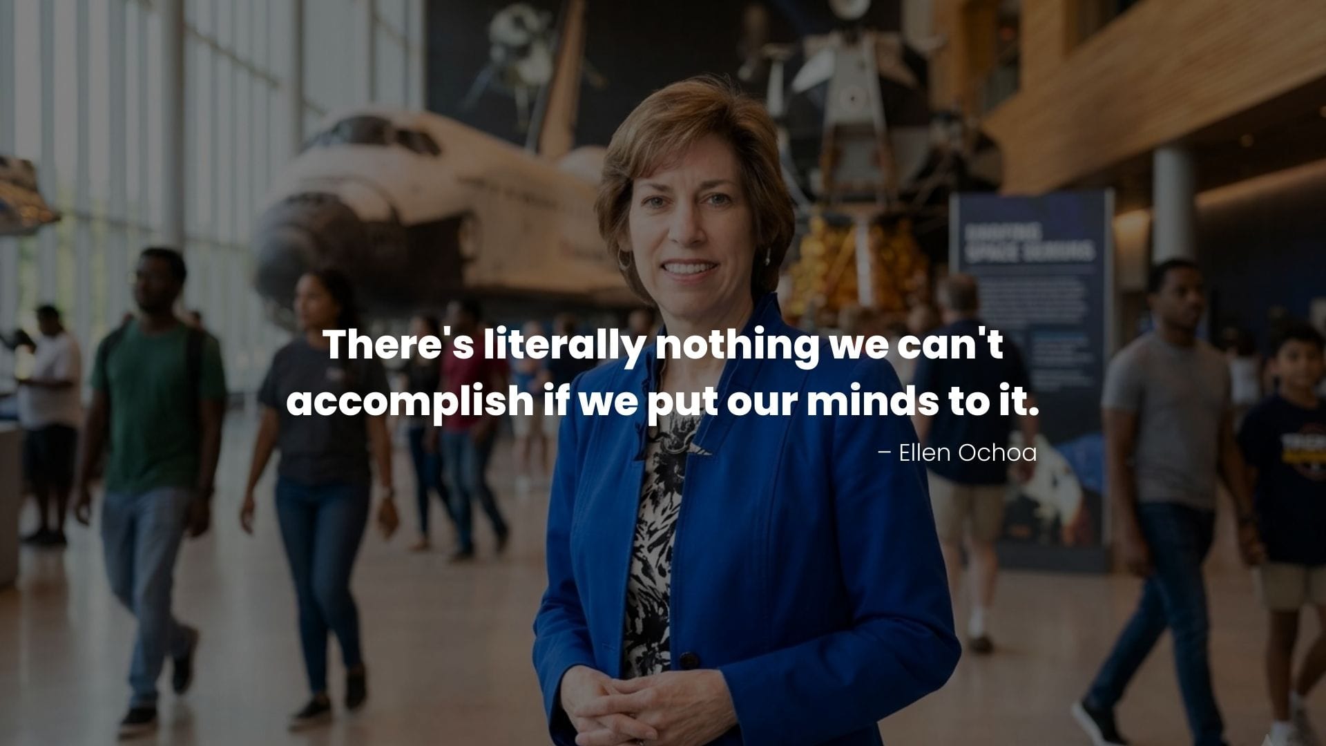 Ellen Ochoa in museum portrait with a Quote on Success and Perseverance