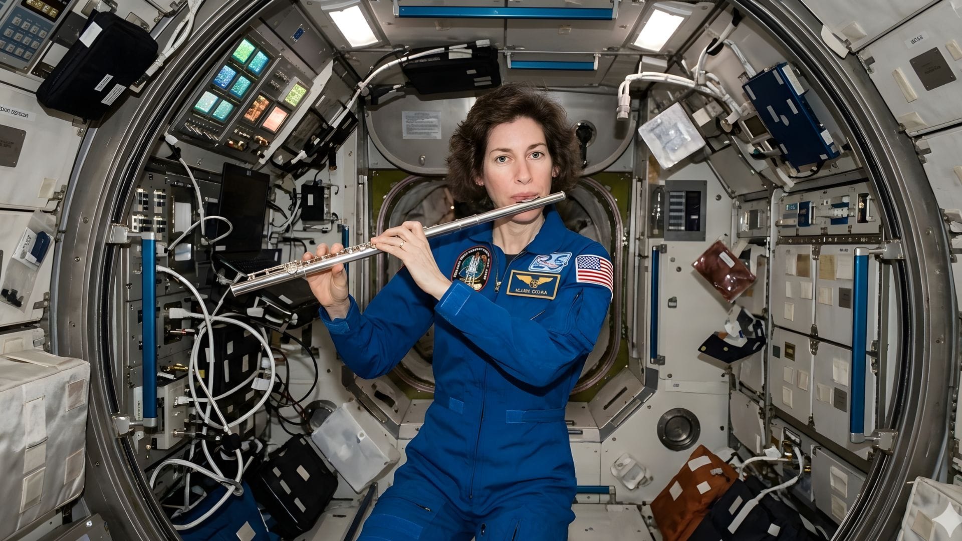 Ellen Ochoa inside a spacecraft playing her flute