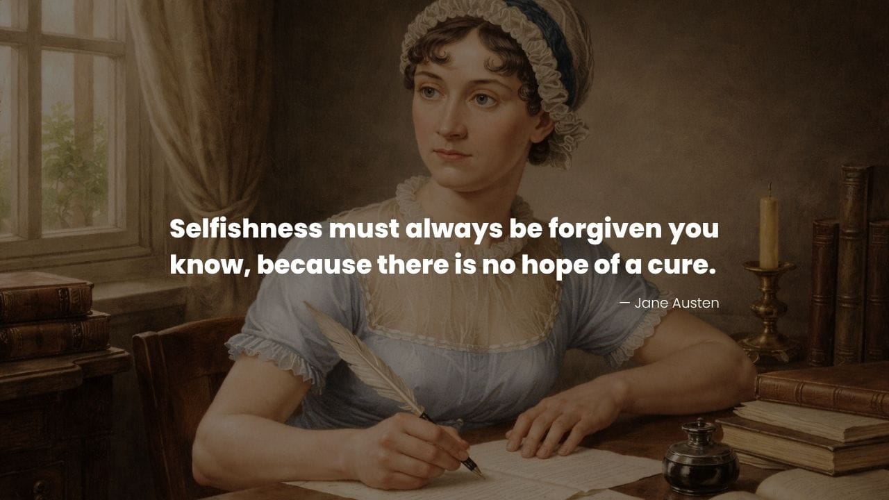 Jane Austen quote on selfishness from Mansfield Park; portrait of Jane writing with a quill.