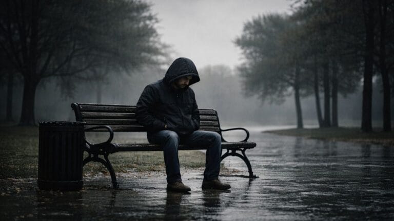Man sitting alone on a bench in the rain, reflecting sadness and loss — Quotes About Grief