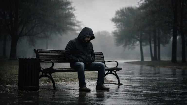 Man sitting alone on a bench in the rain, reflecting sadness and loss — Quotes About Grief
