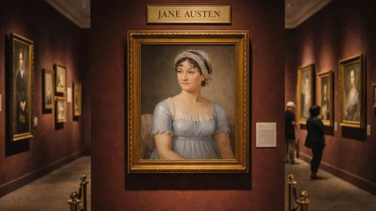 Gemini said Historical portrait of Jane Austen in a gold frame at a museum; featured image for Jane Austen quotes article.