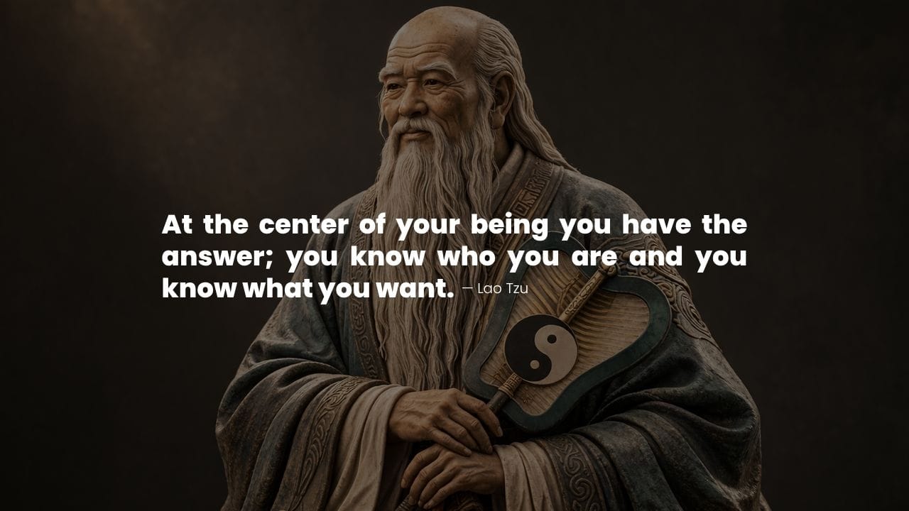 Lao Tzu portrait with a quote about knowing yourself and inner clarity