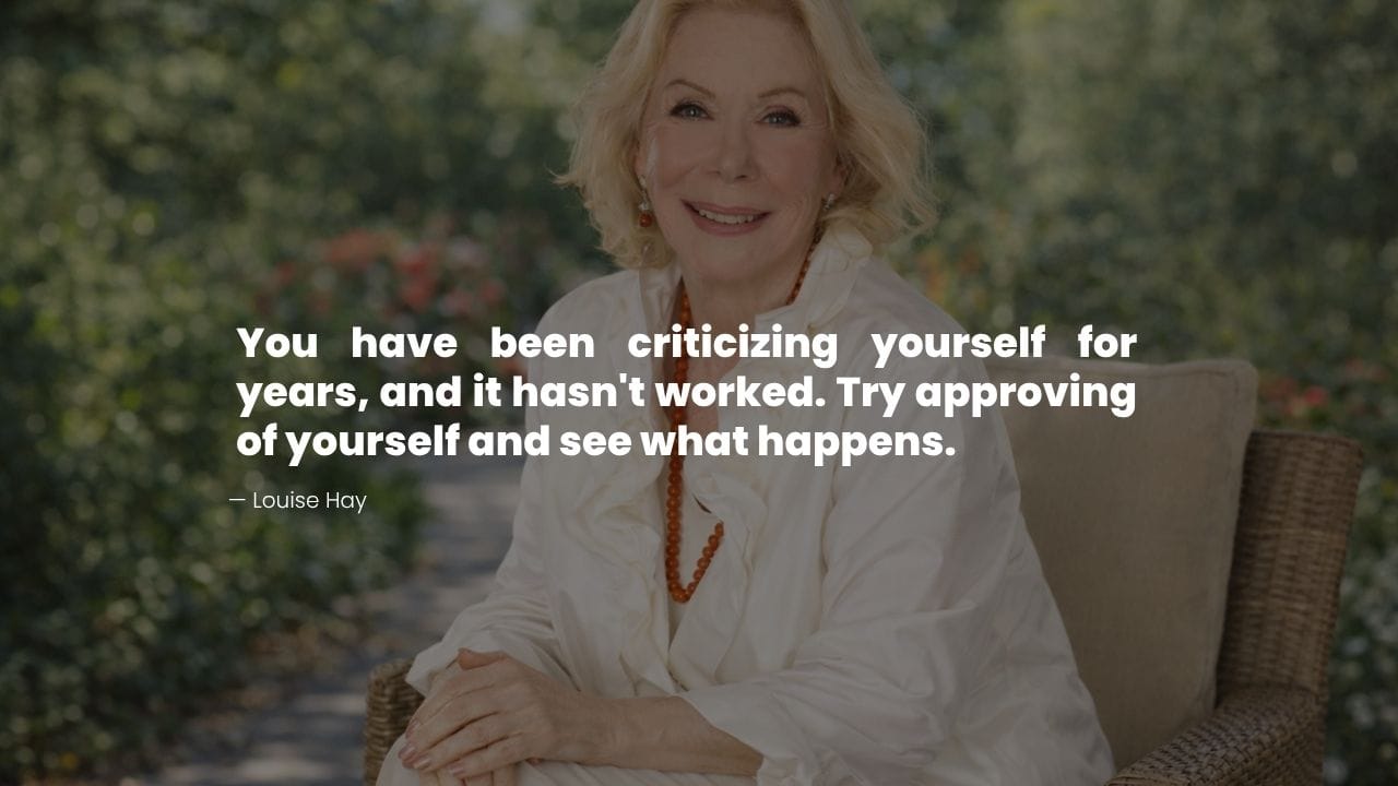Louise Hay smiling outdoors with a quote about self-acceptance and self-Love