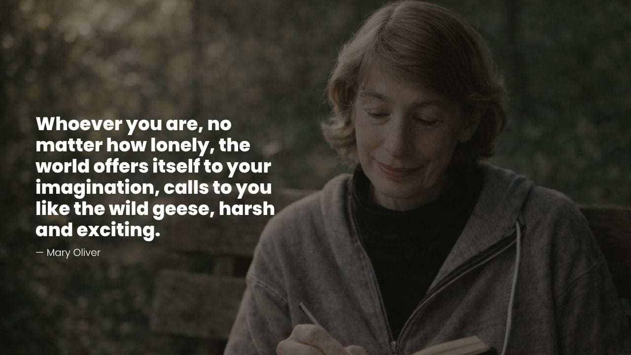 Mary Oliver writing in a notebook outdoors with a quote about nature